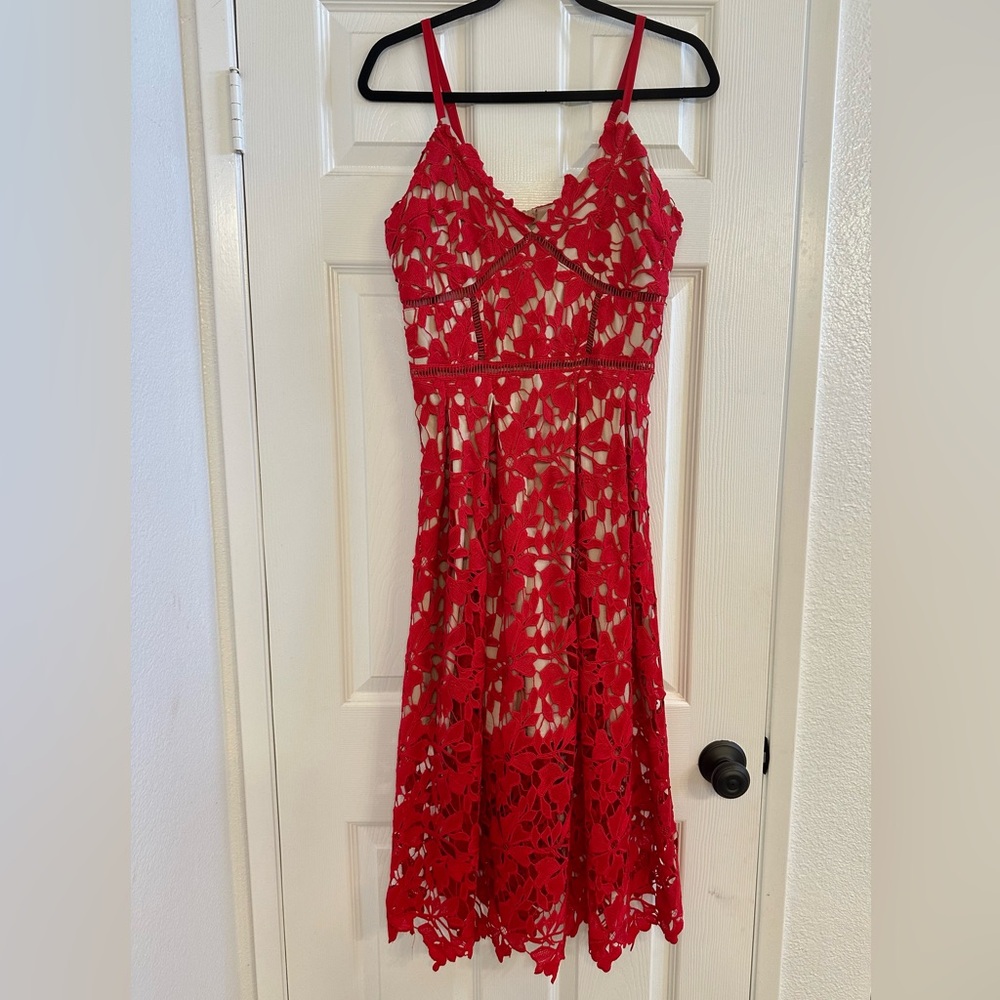 Love...Ady Chemical Lace Bodice Sleeveless Midi Slip Dress Red Nude Size L